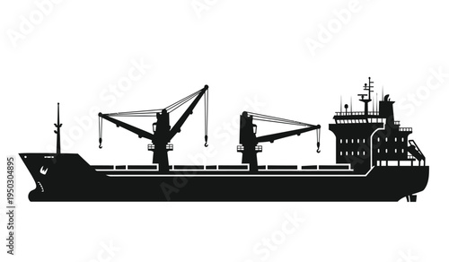 A detailed side profile silhouette of a large industrial cargo ship equipped with loading cranes