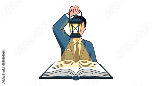 Guiding Light of Knowledge: A faceless figure, bathed in the gentle illumination of a lantern, is positioned over an open book, symbolizing enlightenment and discovery.