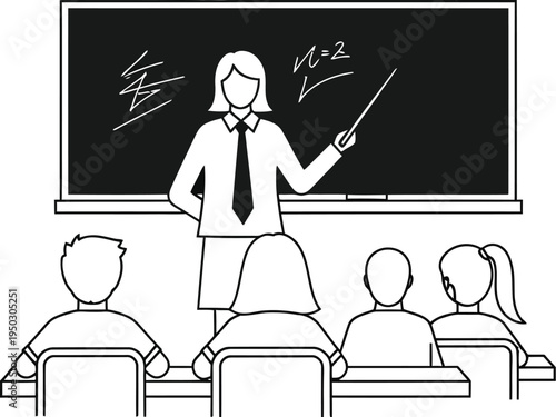 Black and white line illustration showing a female teacher instructing students in a classroom with a blackboard and pointer.