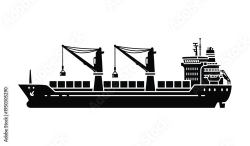 A black silhouette of a large industrial cargo ship equipped with cranes for loading containers