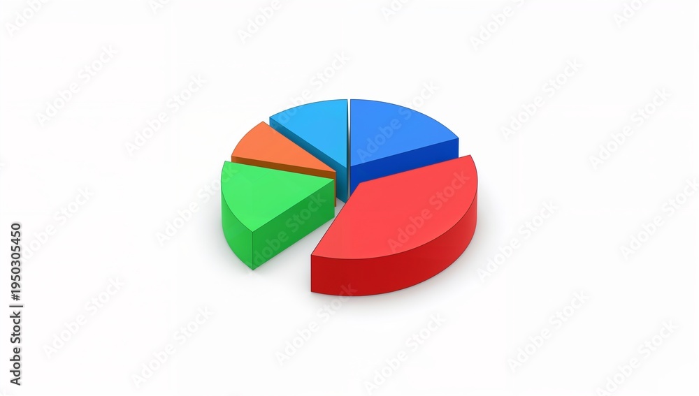 Obraz premium Displaying 3D pie chart occupying center of white studio backdrop, with six extruded colored slices