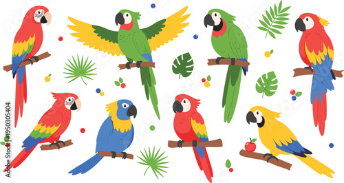 Set of colorful parrot and macaw characters, cartoon illustrations of tropical birds sitting on branches, exotic wildlife isolated on white background