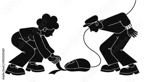 Office prank scene with two coworkers secretly taping a phone to a computer mouse on a white background