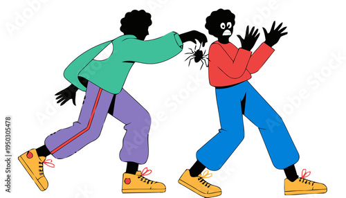 Vector illustration of two people in dynamic poses one appearing to drop something conveying action and surprise