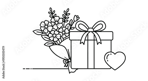 Black and white line art illustration showcasing a charming floral bouquet, a beautifully wrapped gift box, and a sweet heart, ideal for celebrations.