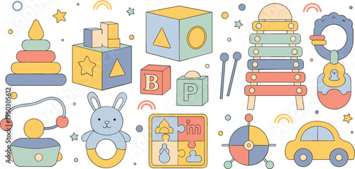 Set of cute baby toys and nursery elements, flat illustrations of wooden blocks, xylophone, toy car and plush bunny isolated on white background