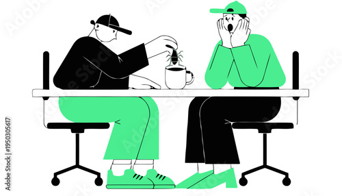 Prankster putting fake bug in friend's coffee cup humorous reaction cartoon people sitting at table