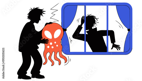 Silhouette of man holding alien creature looking through window at another silhouette