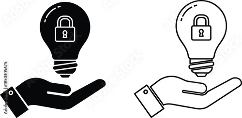 Black and White Icons of a Hand Holding a Lightbulb with a Padlock idea concept