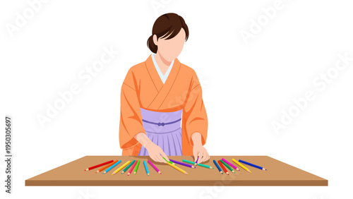 Artistic Reflection: A woman, dressed in a traditional kimono, thoughtfully arranges a collection of colored pencils on a wooden table, evoking a sense of creative anticipation and artistry.