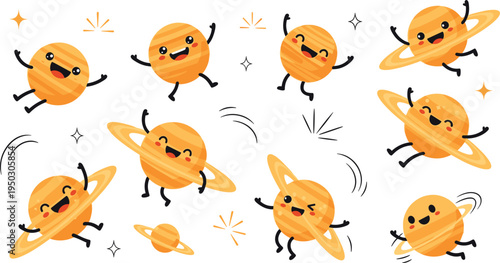 Set of cute Saturn planet characters, cartoon illustrations of happy smiling solar system planets with rings isolated on white background