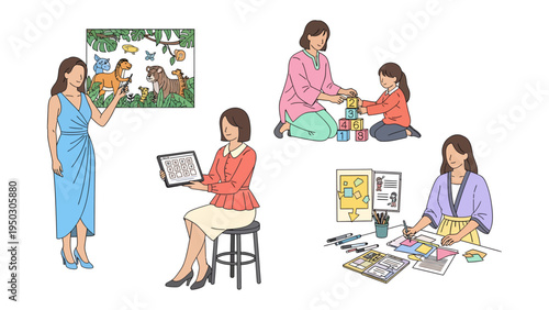 A Day in the Life: Capturing a woman's diverse daily routines with elegance. A composite image depicting a woman engaged in various activities, each moment a testament to her daily life and endeavors.