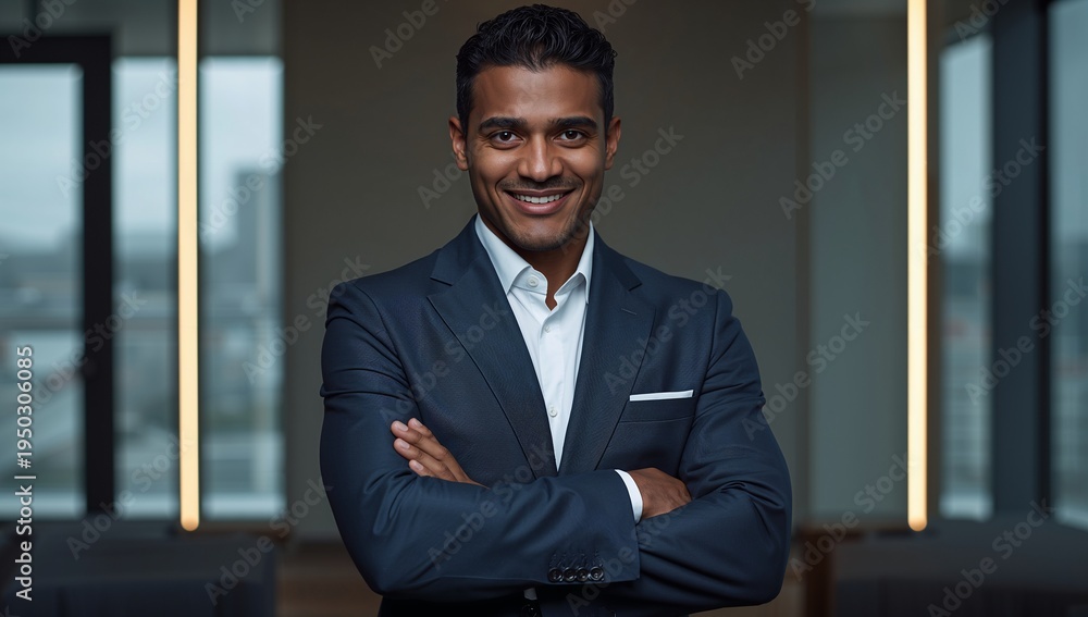 Fototapeta premium Standing man wearing navy jacket and white shirt in office, with pocket square LED strips windows