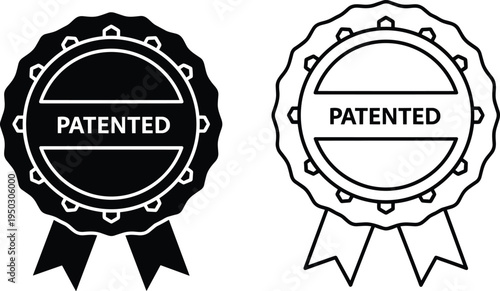 Black and Outline Icons of Patented Award Ribbons with Text badge seal