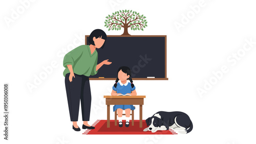 Teacher with a Student: A teacher is assisting a student in class with a dog lying on the rug nearby. Capturing the joy of knowledge and guidance.