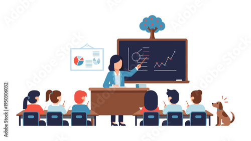 Inspiring Classroom Education: A dedicated instructor guides attentive students through an engaging lesson, fostering knowledge and a positive learning environment.