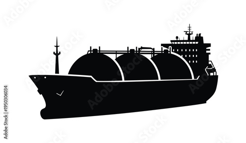 A detailed side silhouette view of a large liquefied natural gas carrier ship for ocean transport