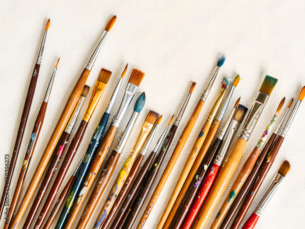 Obraz premium An assortment of diverse paintbrushes lying on a light beige surface