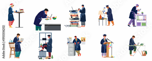 Illustrations of a man working and studying from home in various humorous and improvised setups while wearing a bathrobe and pajamas.