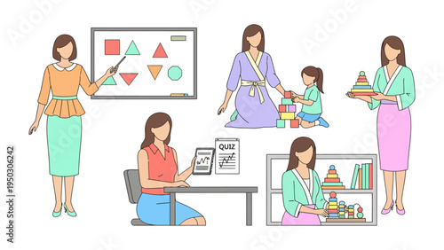 Women in Early Education: A collection of illustrations depicting women in various roles within a early education setting. Exploring educational, nurturing, and developmental activities 