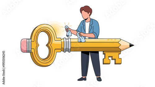Key to unlock creative potential: A person gently polishing a giant key, metaphorically unlocking the door to innovative thought and ingenious ideas.