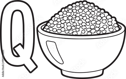 Stylized letter Q icon next to a bowl filled with small round seeds or grains illustration
