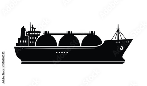 Black silhouette of a large liquefied natural gas tanker ship with three prominent cargo tanks
