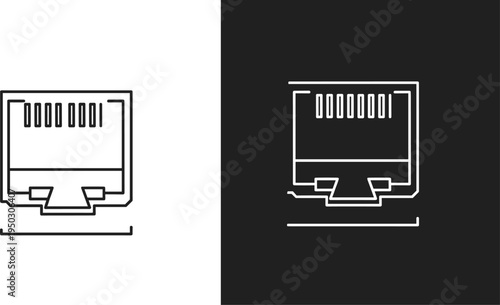 Ethernet R J45 connector icon in black and white line art RJ45 network