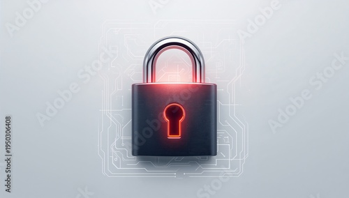 Sitting padlock with chrome shackle glowing red keyhole on gray backdrop, with white circuit traces