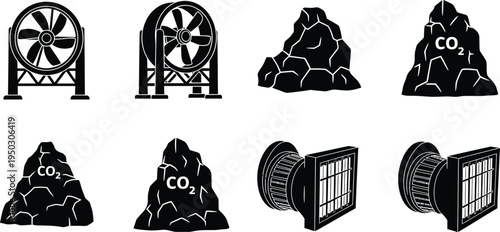 Eight black silhouettes of various architectural elements with carbon dioxide labels
