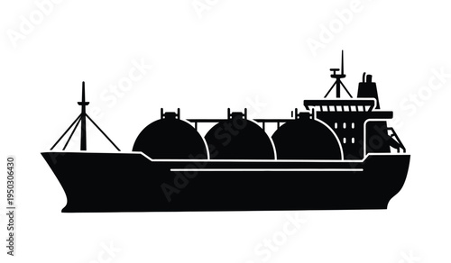 Black silhouette icon of a large liquefied natural gas tanker ship showing three storage spheres