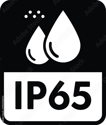 I P65 waterproof rating icon with two water drops and white text on black background ip65 water resistant