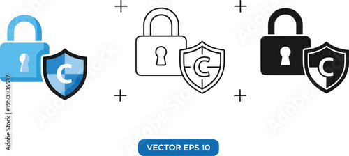 Copyright protection icons with padlock and shield on white background security symbol