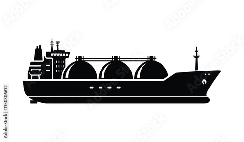 Black silhouette icon of a liquefied natural gas carrier ship with spherical containment tanks