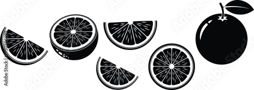 A collection of black and white vector illustrations depicting various orange slices and a fruit
