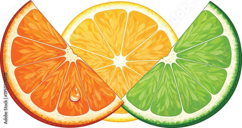 A vibrant digital illustration featuring slices of fresh orange, yellow lemon, and green lime fruit
