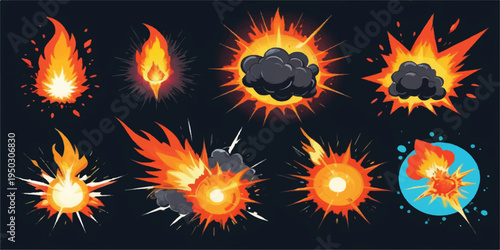 Vector set of fire flames with bright orange and red burning shapes creating a hot glowing pattern on a dark background