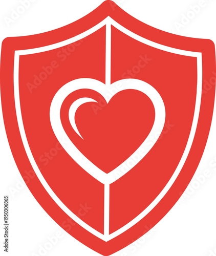 Red shield logo with heart symbol on white background