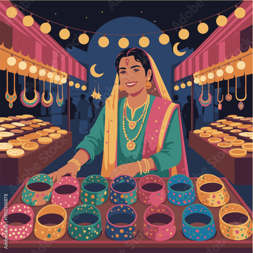 Woman selling colorful bangles at night market, traditional indian festival celebration