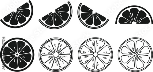 A collection of black and white vector illustrations depicting various citrus fruit slice icons