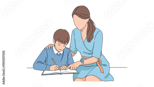 Tutoring Moment: A caring tutor gently guides a young student through his schoolwork, fostering a supportive environment for learning and growth.