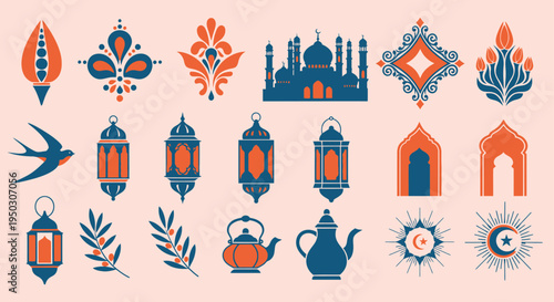 A collection of traditional islamic icons featuring lanterns, mosques, and floral design elements