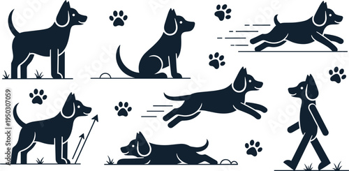 Dog Silhouette Activity Icon Set with Running Sitting Walking and Paw Symbols