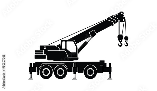 A detailed black silhouette icon of a heavy duty mobile crane used for construction site projects