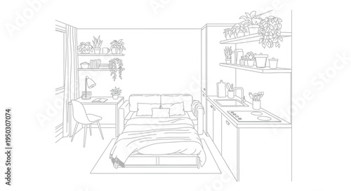 Detailed line art illustration of a modern studio apartment interior showing a compact living space with a bed, desk, and small kitchen.
