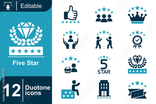 Five star icon set. Customer satisfaction rating, premium quality badge, service review system, reputation ranking, feedback evaluation, trusted brand symbol and more. Duotone vector icons collection.