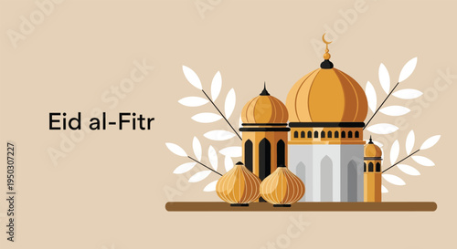 A minimalist vector illustration celebrating the holy islamic festival of eid al-fitr with mosque