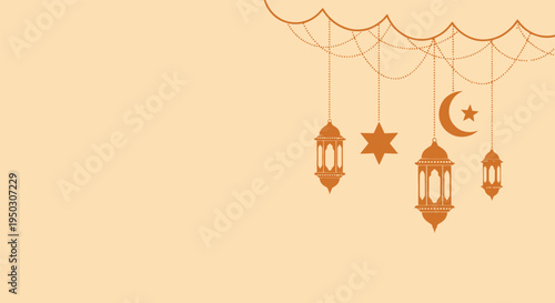 Elegant ramadan kareem background featuring hanging lanterns and decorative crescent moon elements