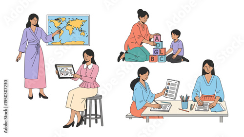 Daily Life of Educator: Illustrating the multifaceted role of educators in various settings. Depicting a teacher's engagement with a world map, guiding student learning.