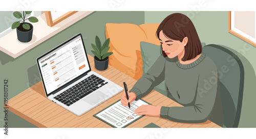 A focused young woman diligently completes an online form on her laptop while simultaneously filling out a physical document at her home office desk.